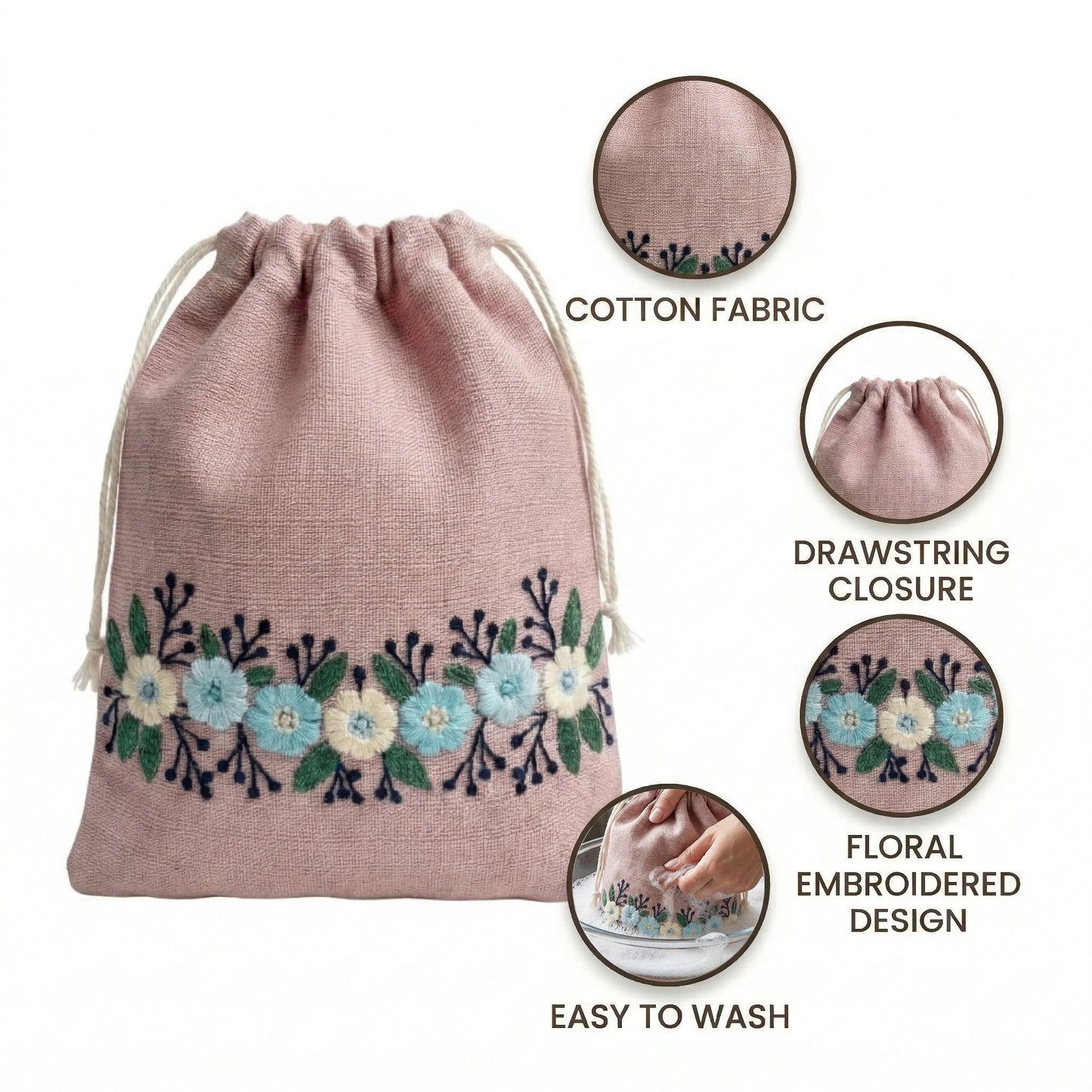 Floral Pink Embroidered Drawstring Bag