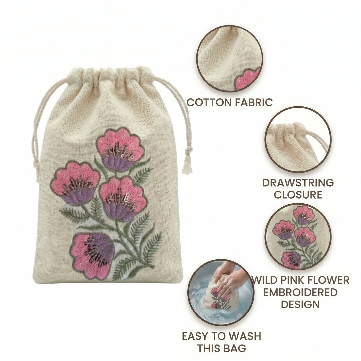 Pink Floral Embroidered Cotton Drawstring Pouch Bag
