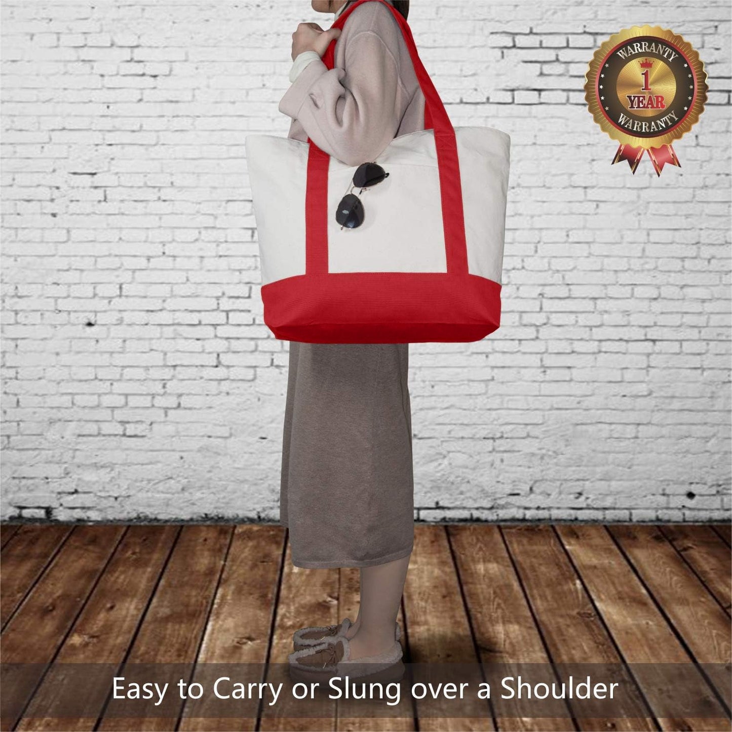 Red and Beige Large Canvas Tote Bag | 19" x 15" x 6"