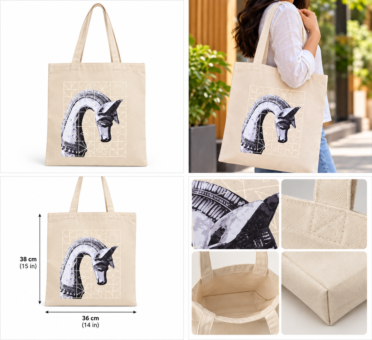 150 GSM cotton canvas tote bag product showcase with size and construction details