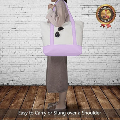 Purple and Beige Large Canvas Tote Bag | 19" x 15" x 6"