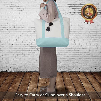 Sky Blue and Beige Large Canvas Tote Bag | 19" x 15" x 6"