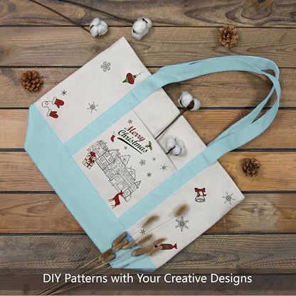 Sky Blue and Beige Large Canvas Tote Bag | 19" x 15" x 6"