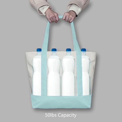 Sky Blue and Beige Large Canvas Tote Bag | 19" x 15" x 6"