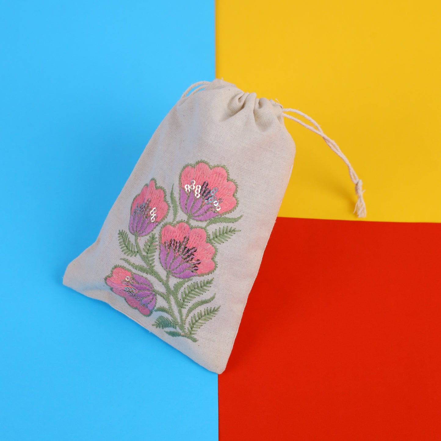 Pink Floral Embroidered Cotton Drawstring Pouch Bag