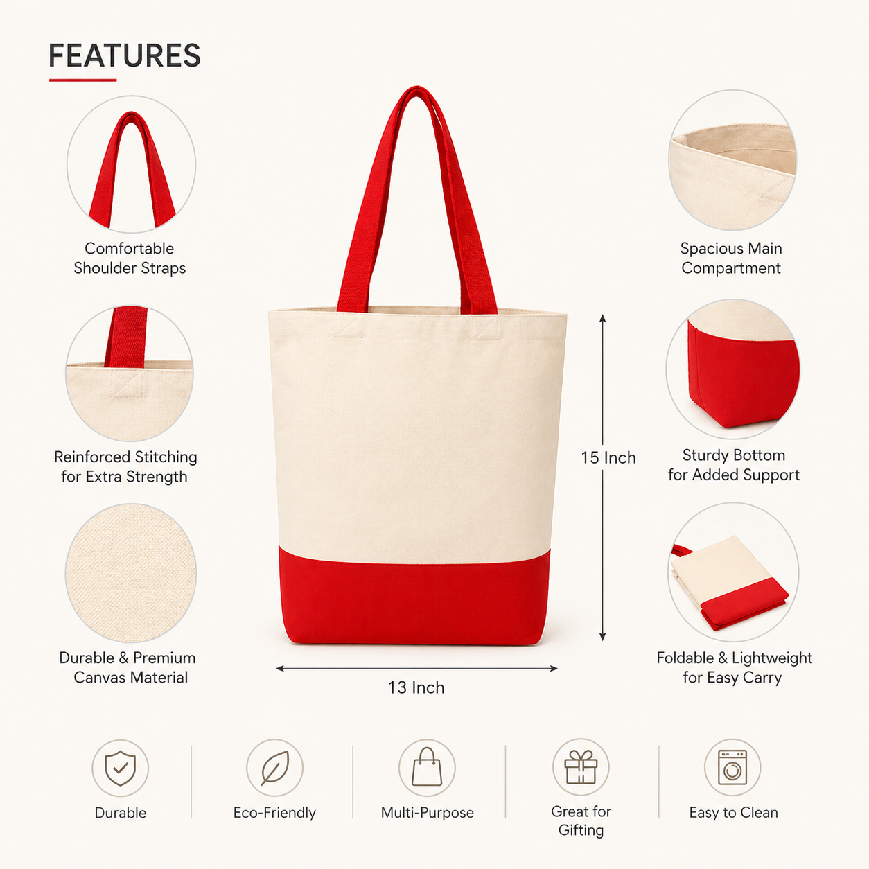 Custom 13"x15" Red & Beige Tote Bag | 330 GSM