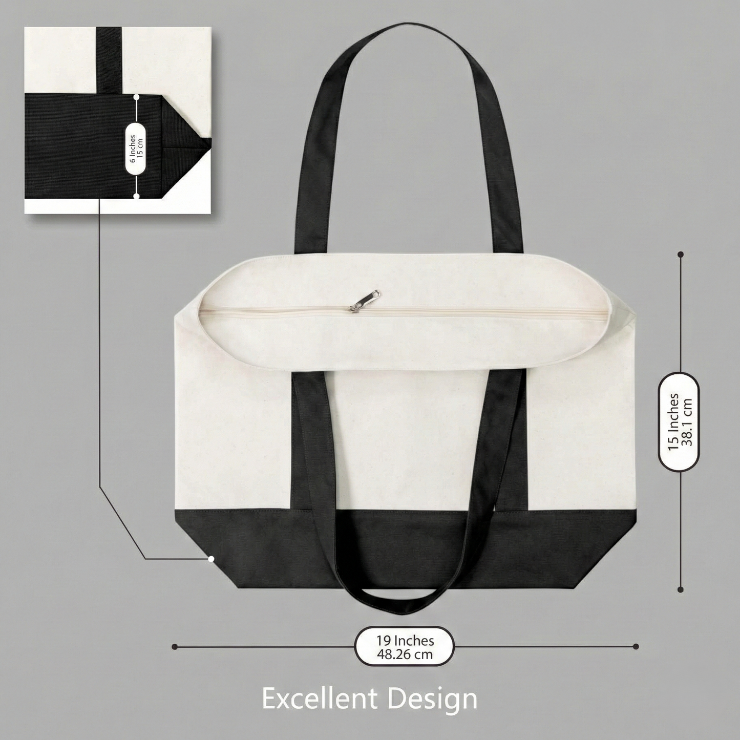 Black and Beige Large Canvas Tote Bag | 19" x 15" x 6"