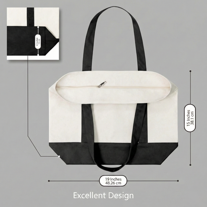 Black and Beige Large Canvas Tote Bag | 19" x 15" x 6"