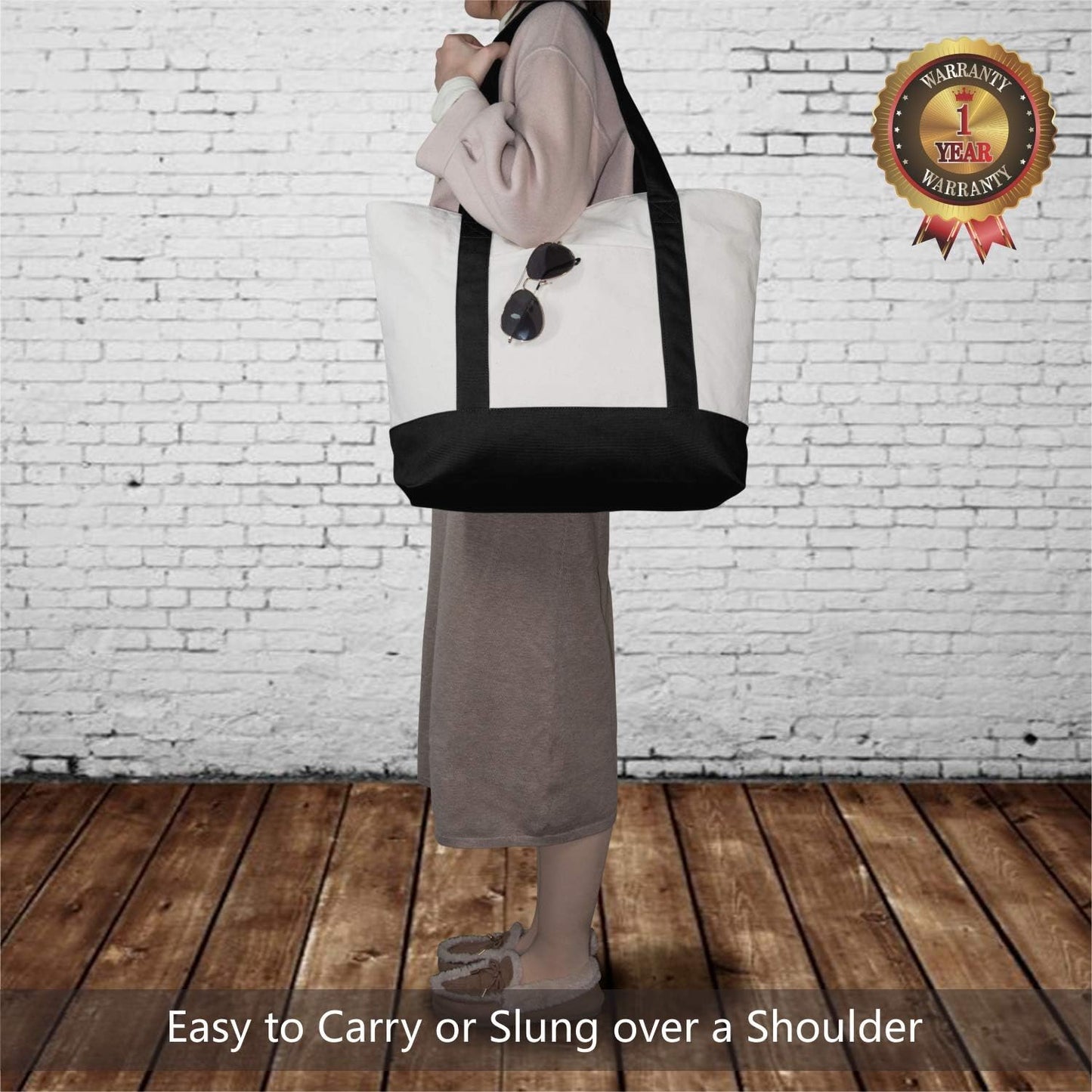 Black and Beige Large Canvas Tote Bag | 19" x 15" x 6"