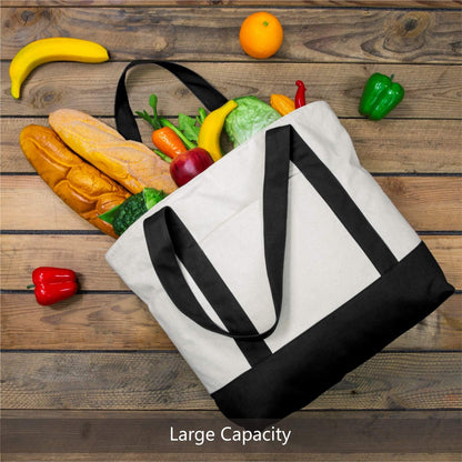 Black and Beige Large Canvas Tote Bag | 19" x 15" x 6"