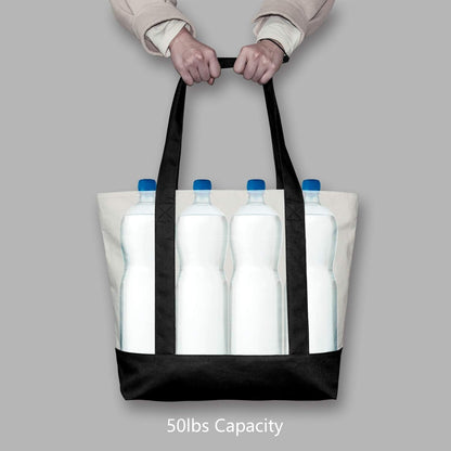 Black and Beige Large Canvas Tote Bag | 19" x 15" x 6"