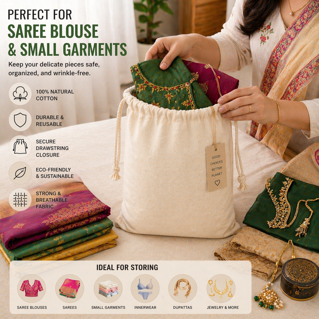 Custom 12x14 Inch Cotton Drawstring Bag | 150 GSM