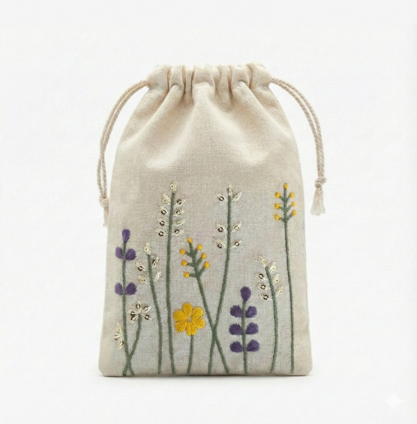 Floral Stitch Embroidered Cotton Drawstring Pouch Bag