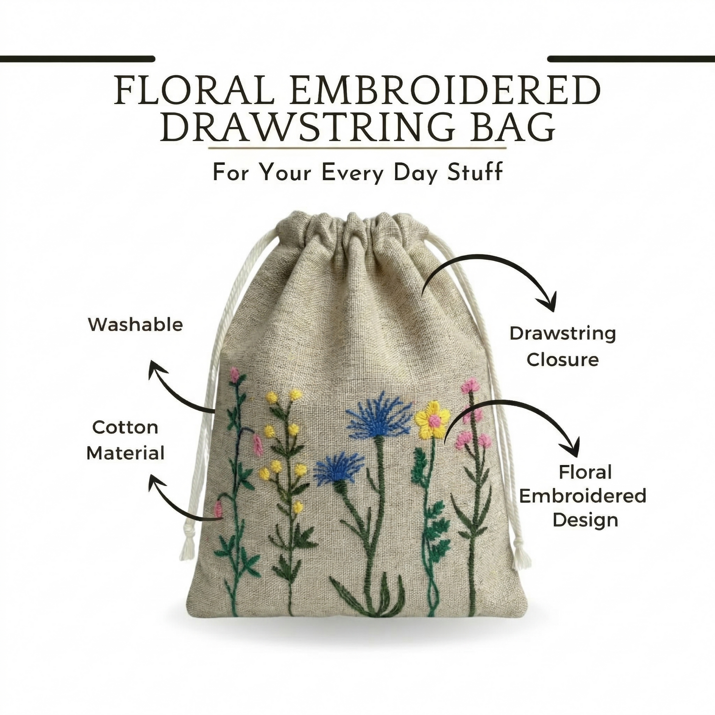 Floral Yellow Embroidered Drawstring Bag