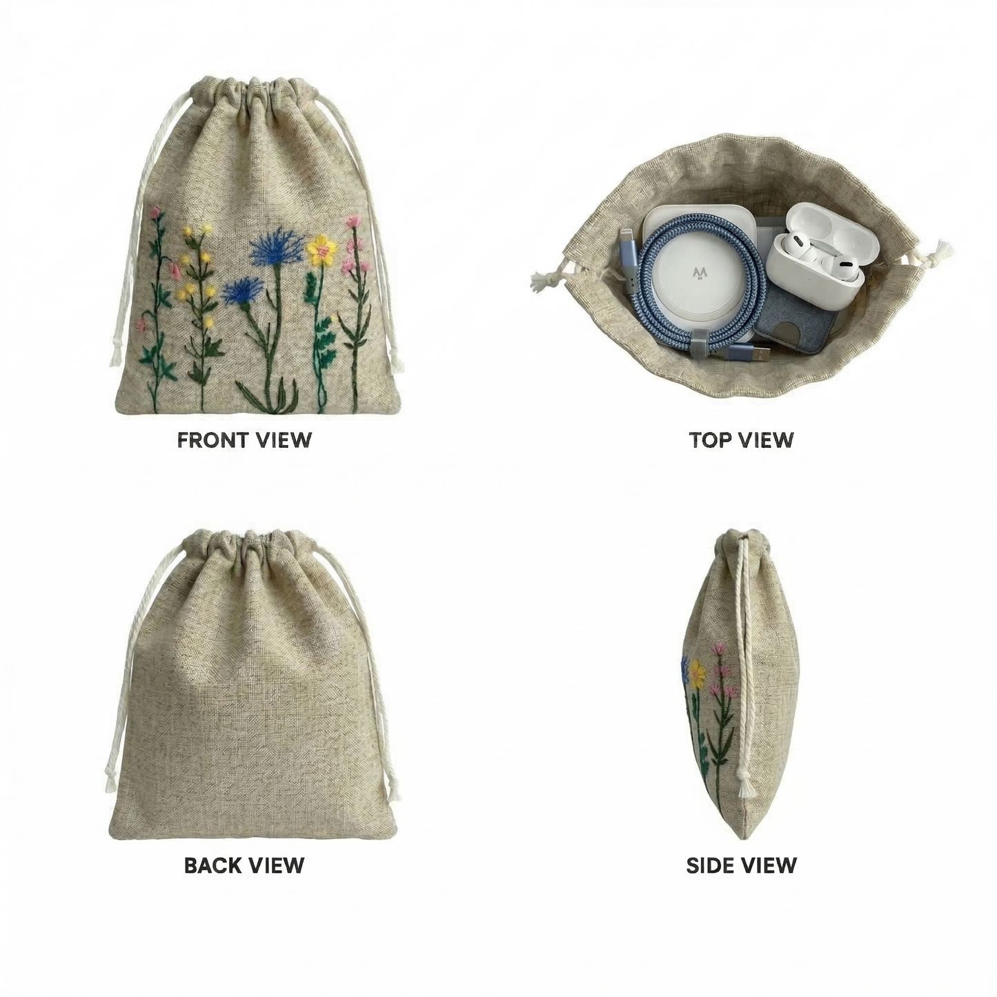 Floral Yellow Embroidered Drawstring Bag