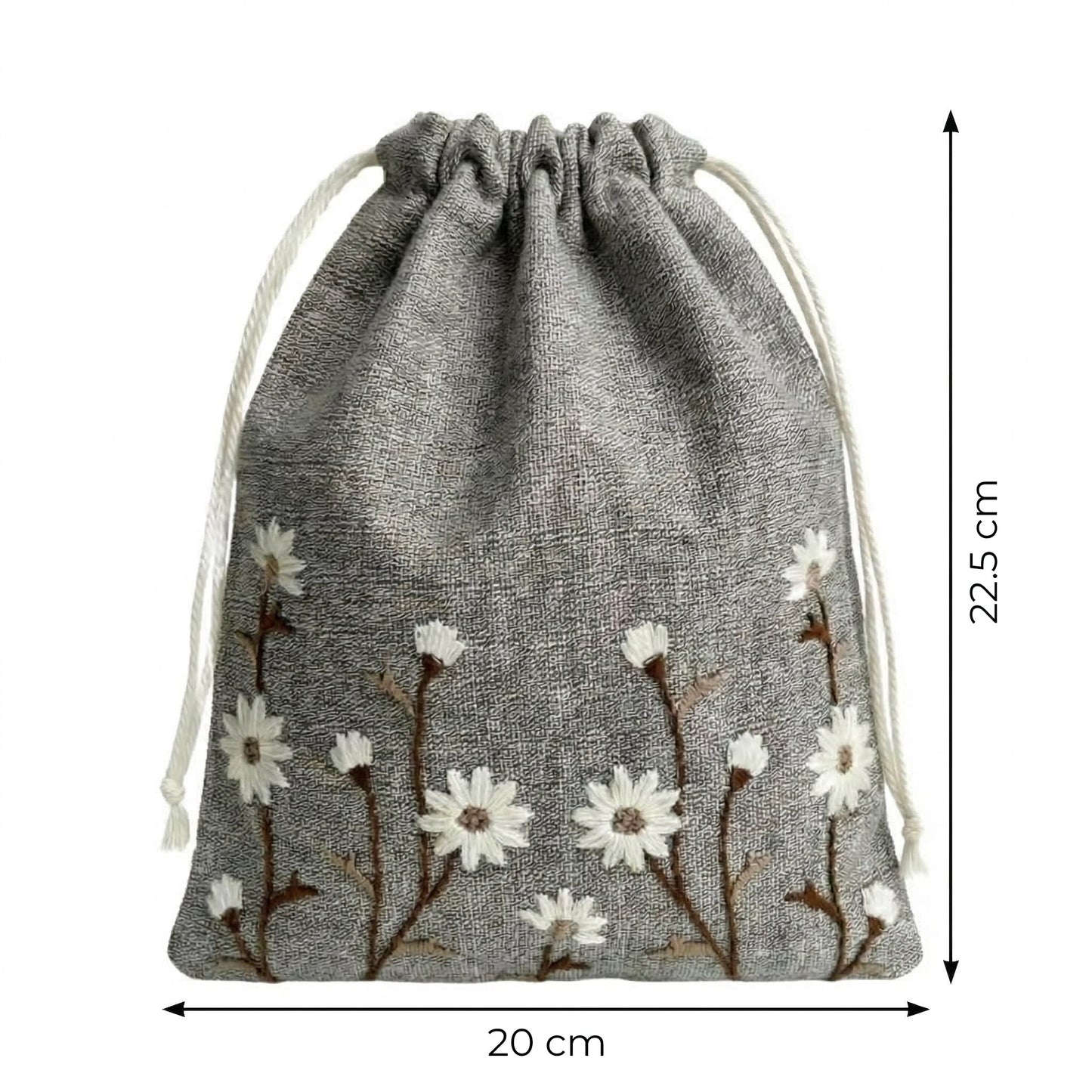 Floral Brown Embroidered Drawstring Bag