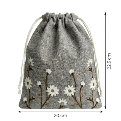 Floral Brown Embroidered Drawstring Bag