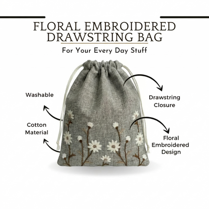 Floral Brown Embroidered Drawstring Bag