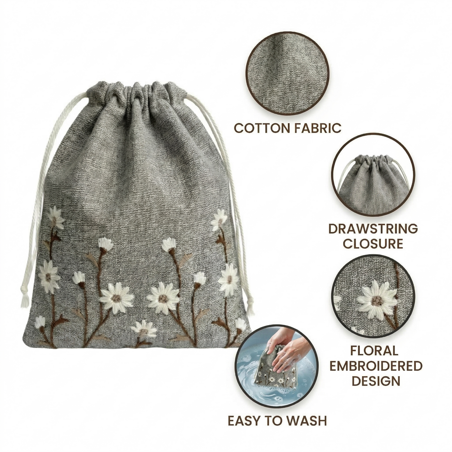Floral Brown Embroidered Drawstring Bag