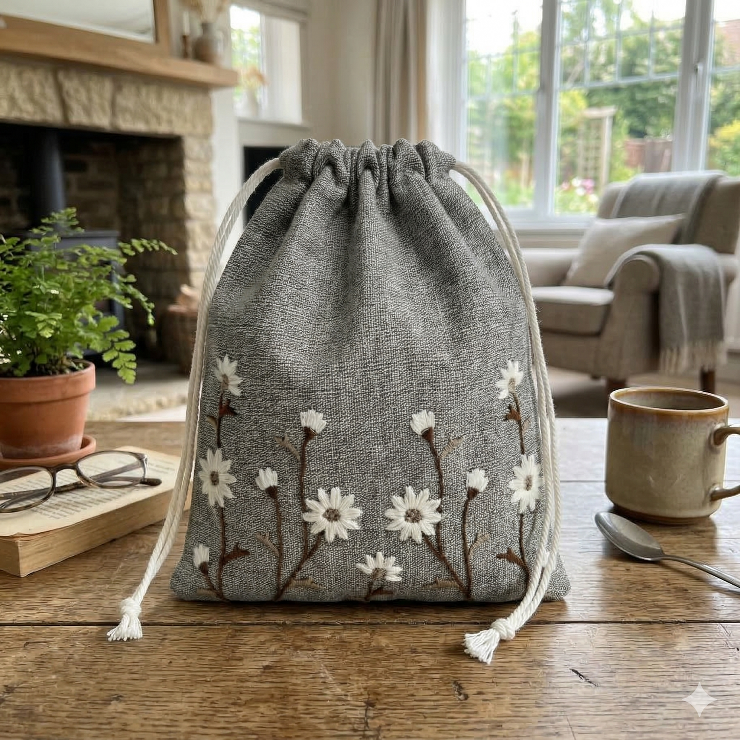 Floral Brown Embroidered Drawstring Bag