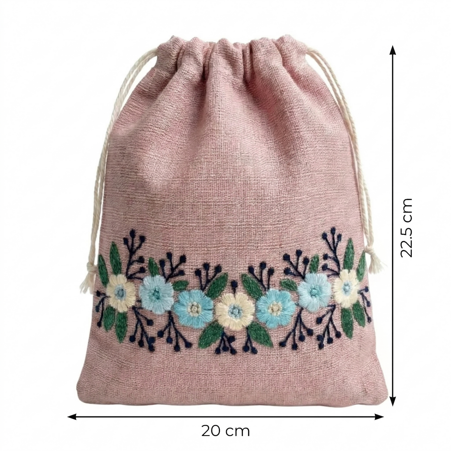 Floral Pink Embroidered Drawstring Bag