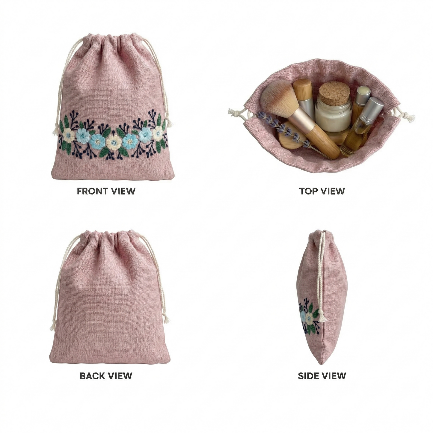 Floral Pink Embroidered Drawstring Bag