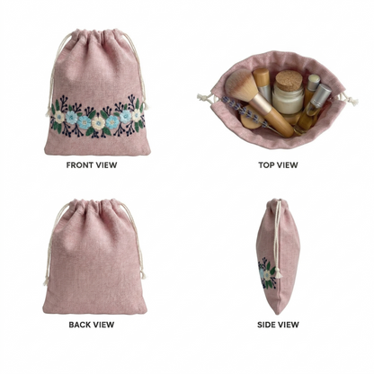 Floral Pink Embroidered Drawstring Bag