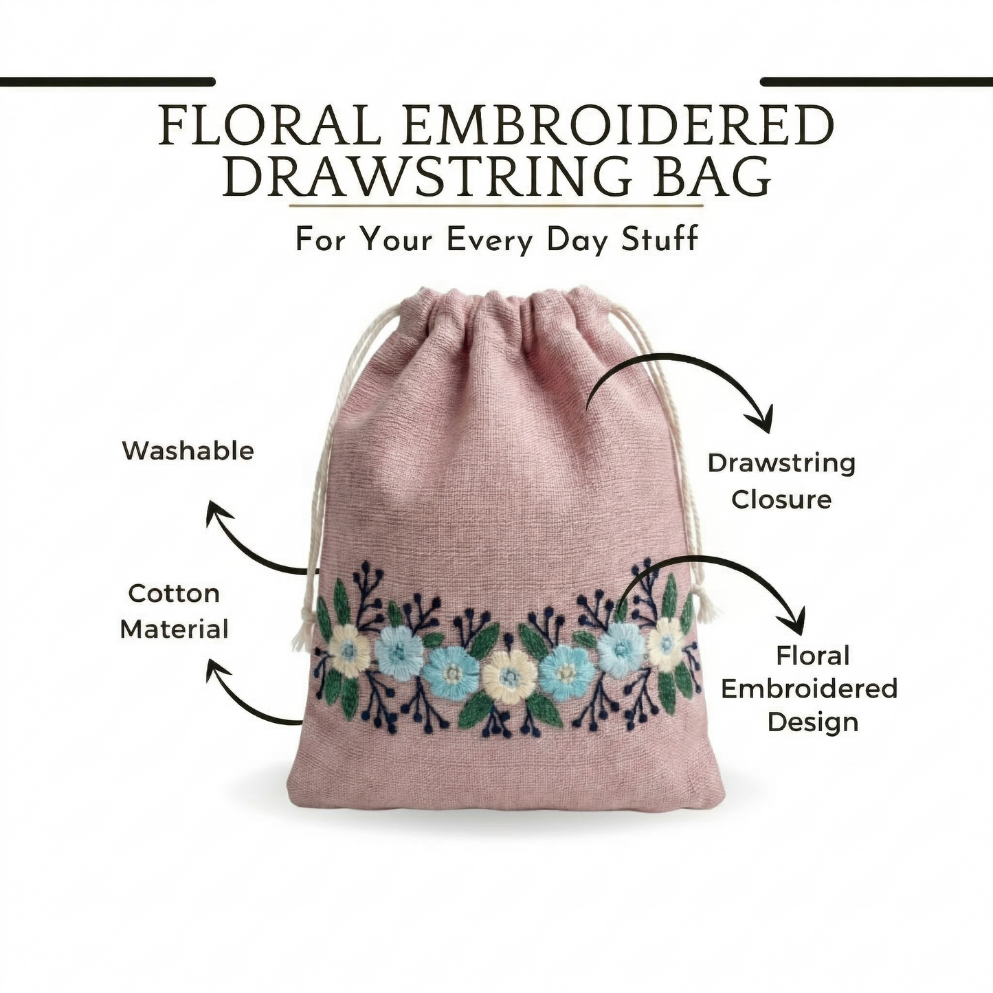 Floral Pink Embroidered Drawstring Bag