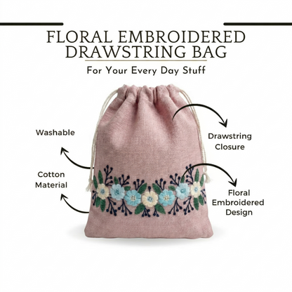 Floral Pink Embroidered Drawstring Bag