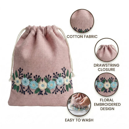 Floral Pink Embroidered Drawstring Bag