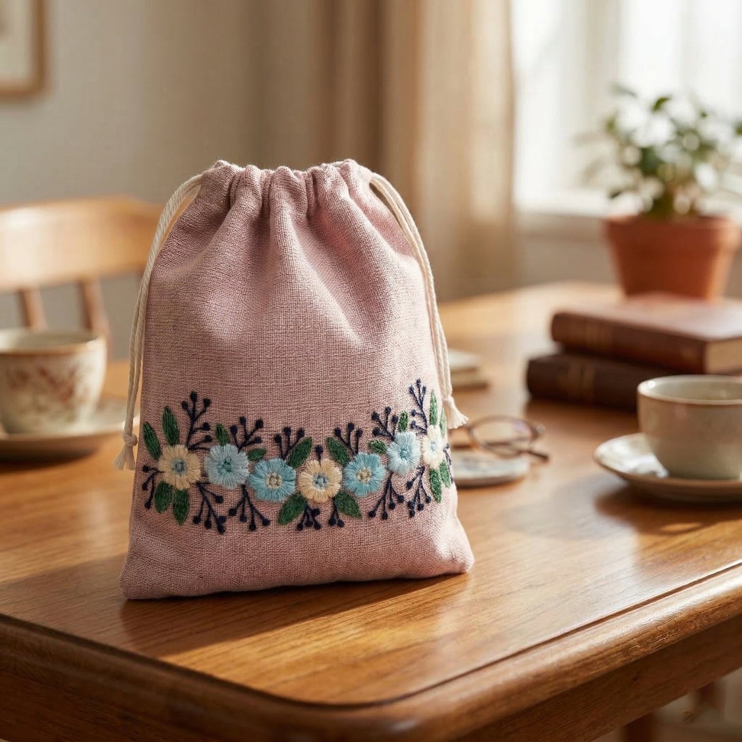 Floral Pink Embroidered Drawstring Bag