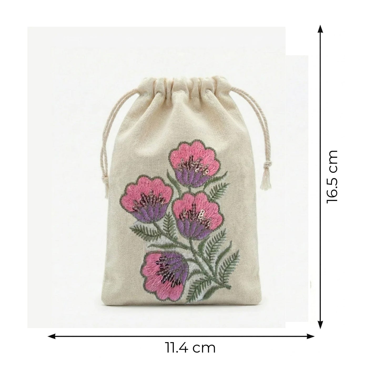 Pink Floral Embroidered Cotton Drawstring Pouch Bag