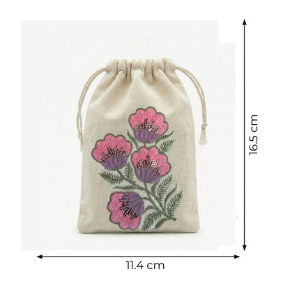 Pink Floral Embroidered Cotton Drawstring Pouch Bag