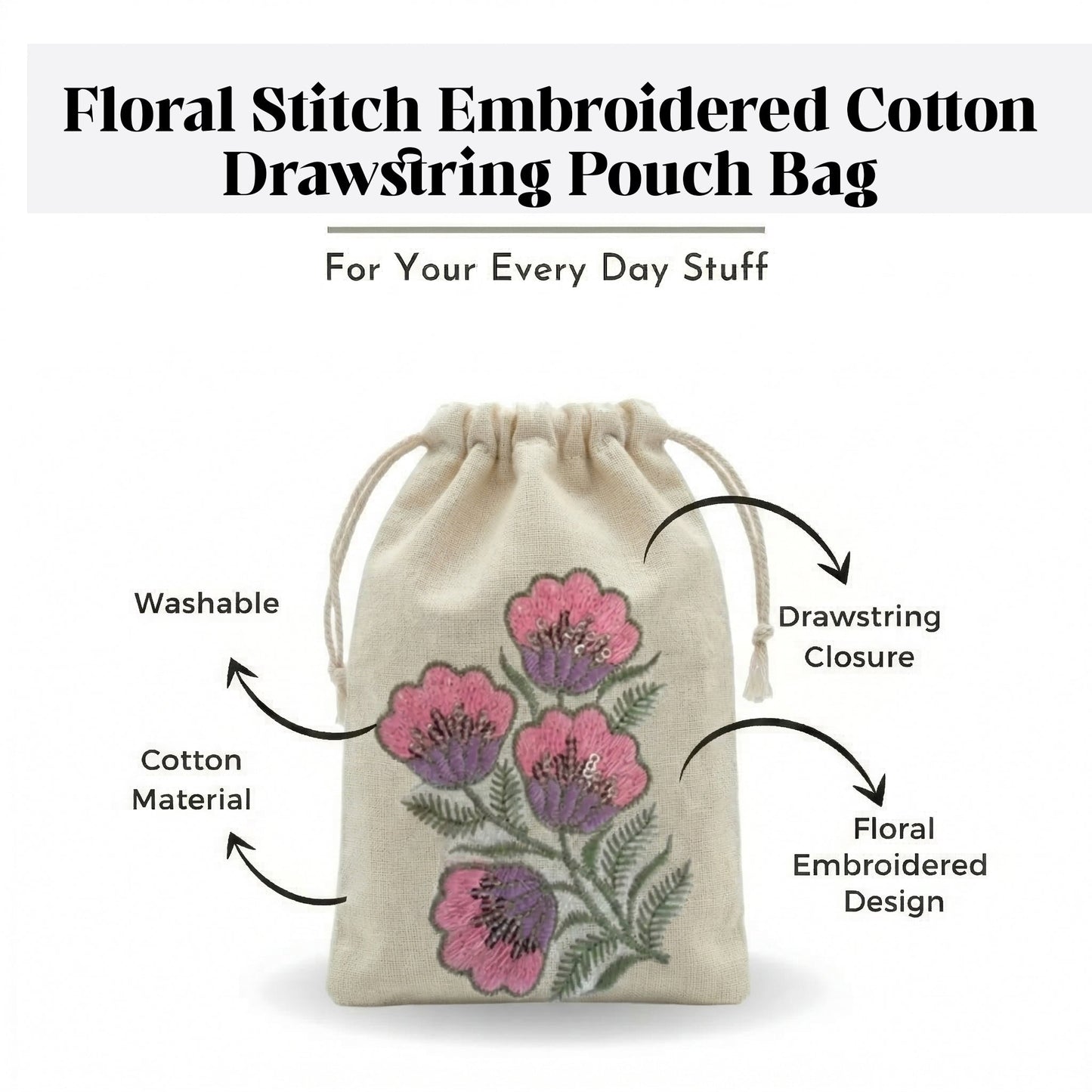 Pink Floral Embroidered Cotton Drawstring Pouch Bag