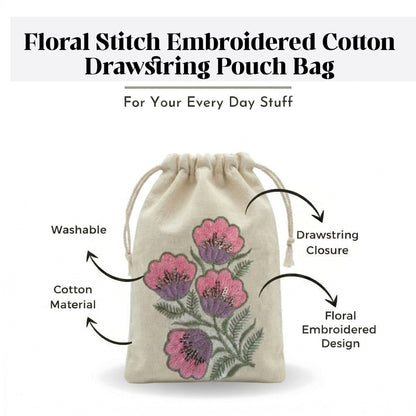 Pink Floral Embroidered Cotton Drawstring Pouch Bag