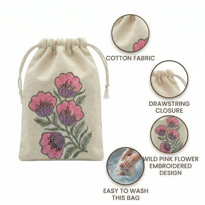 Pink Floral Embroidered Cotton Drawstring Pouch Bag