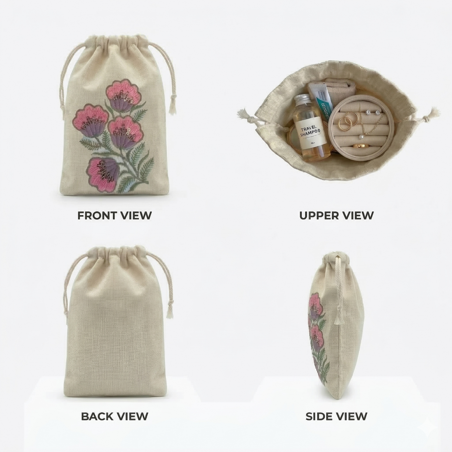 Pink Floral Embroidered Cotton Drawstring Pouch Bag