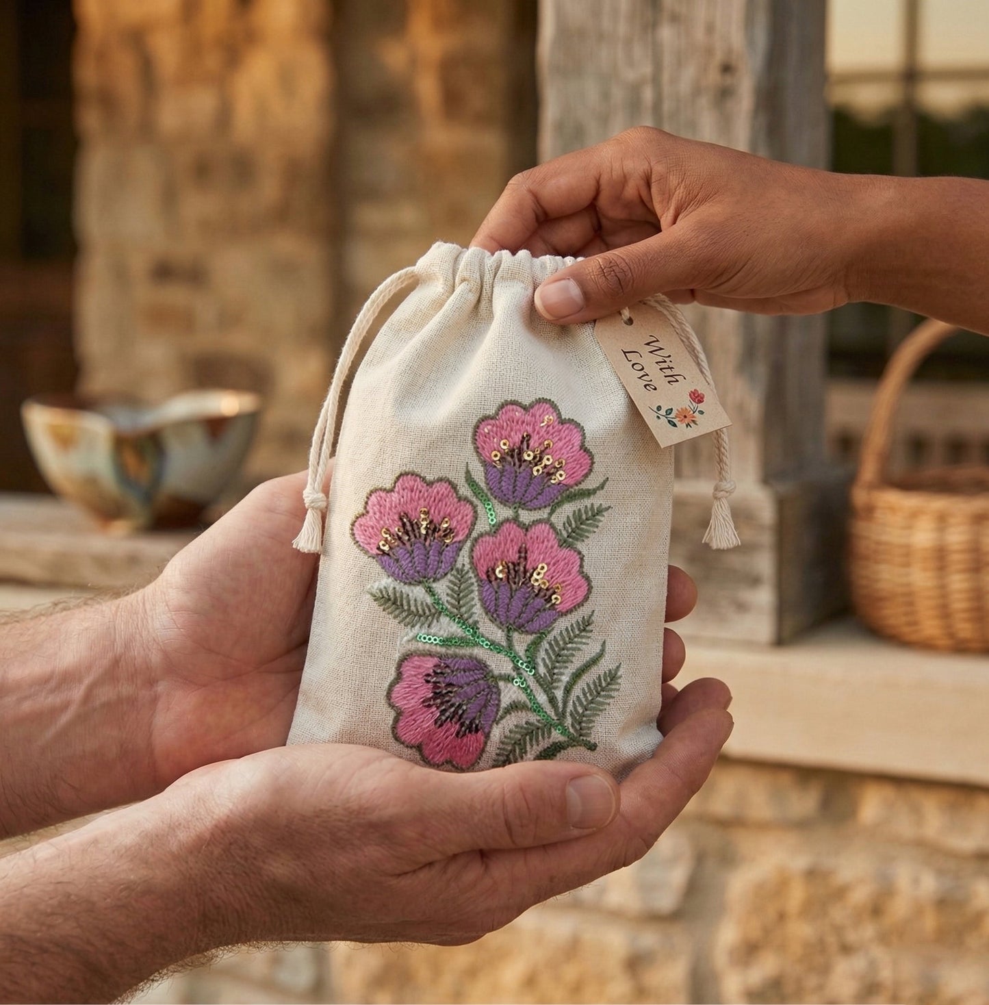 Pink Floral Embroidered Cotton Drawstring Pouch Bag