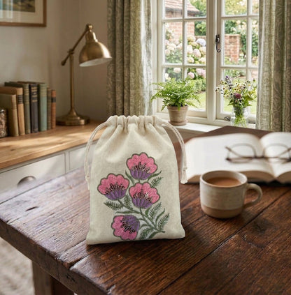 Pink Floral Embroidered Cotton Drawstring Pouch Bag