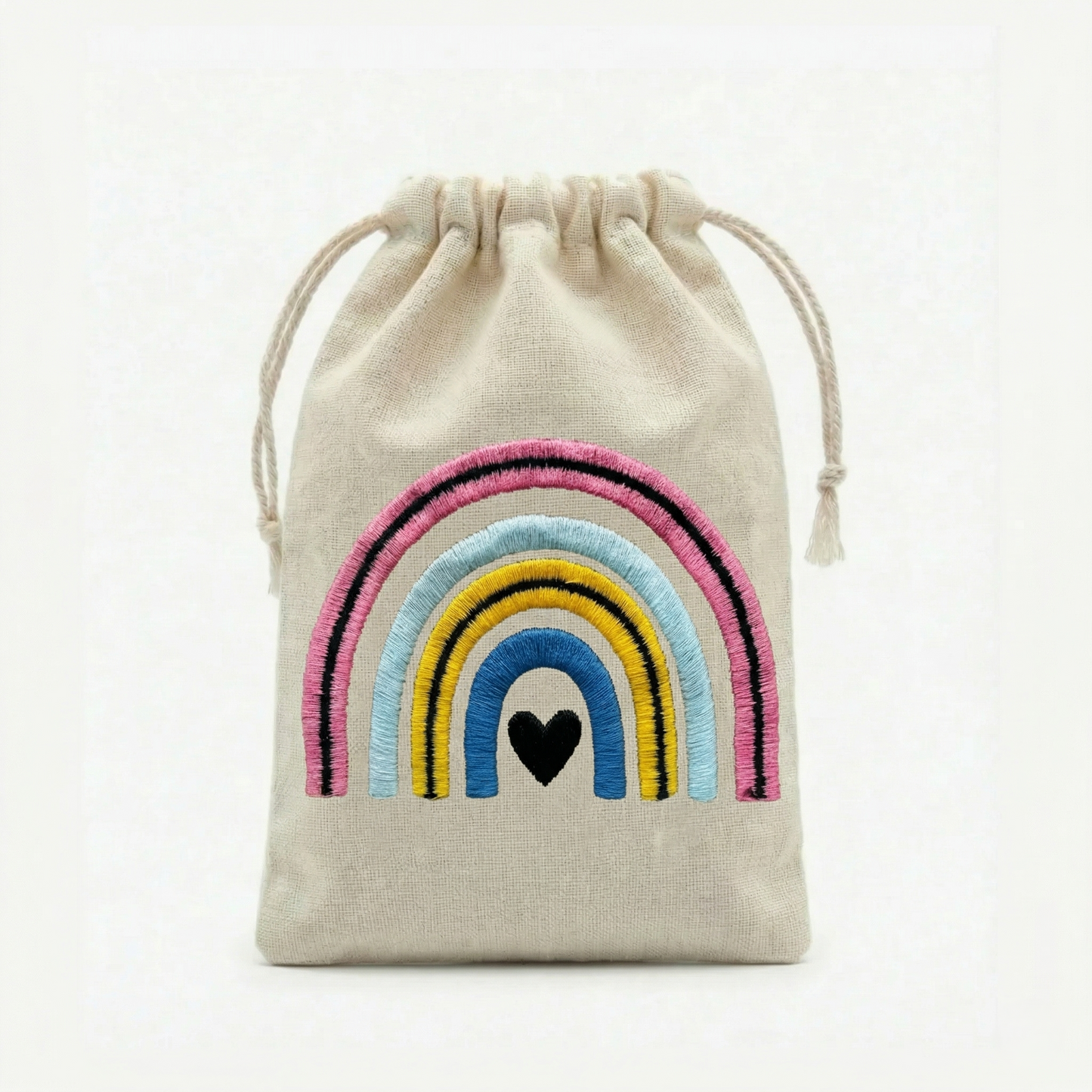 Rainbow Embroidered Cotton Drawstring Pouch Bag