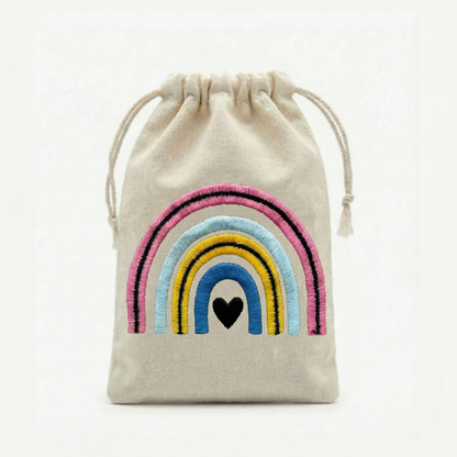 Rainbow Embroidered Cotton Drawstring Pouch Bag