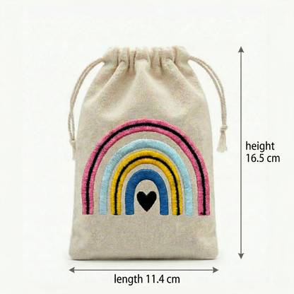 Rainbow Embroidered Cotton Drawstring Pouch Bag