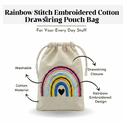 Rainbow Embroidered Cotton Drawstring Pouch Bag