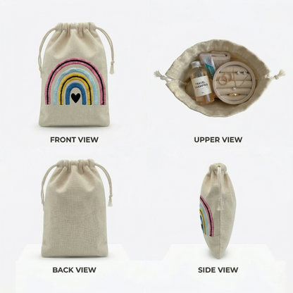 Rainbow Embroidered Cotton Drawstring Pouch Bag