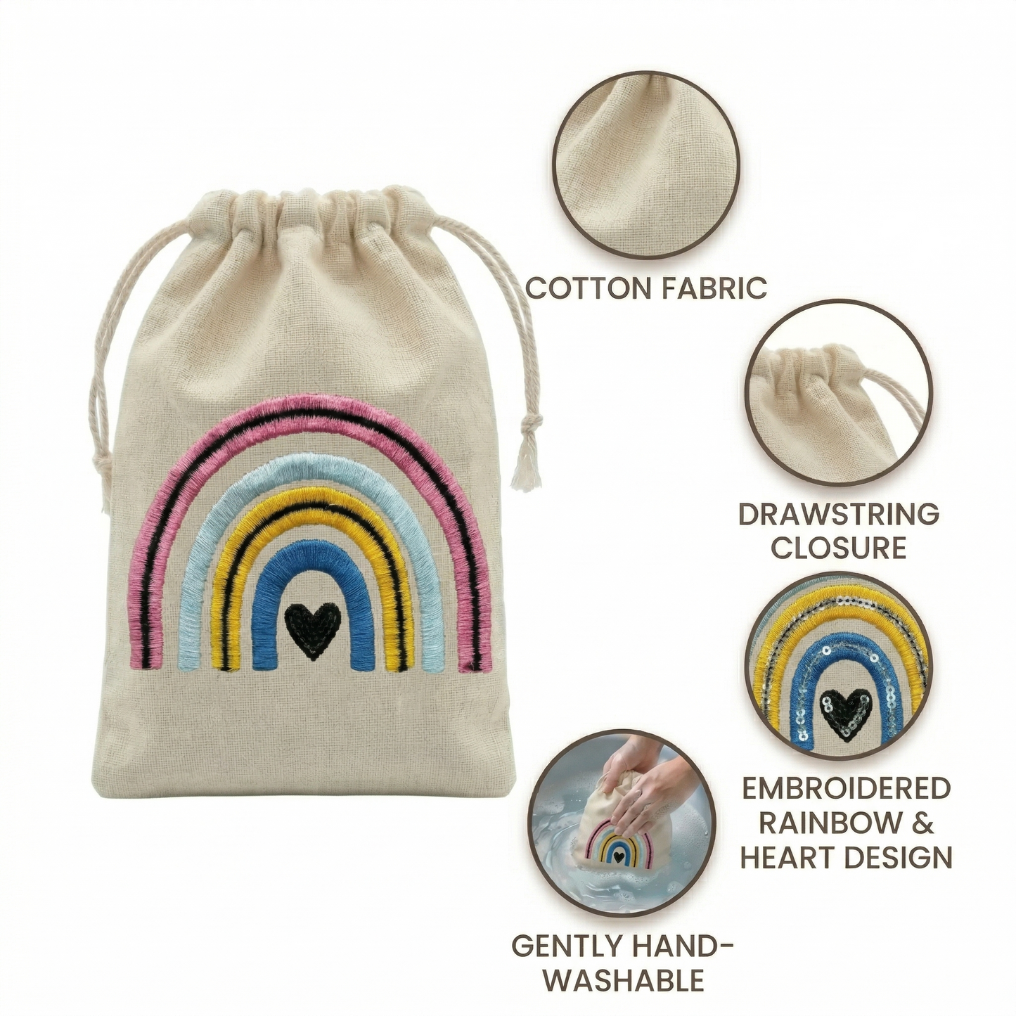 Rainbow Embroidered Cotton Drawstring Pouch Bag