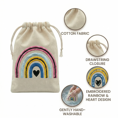 Rainbow Embroidered Cotton Drawstring Pouch Bag