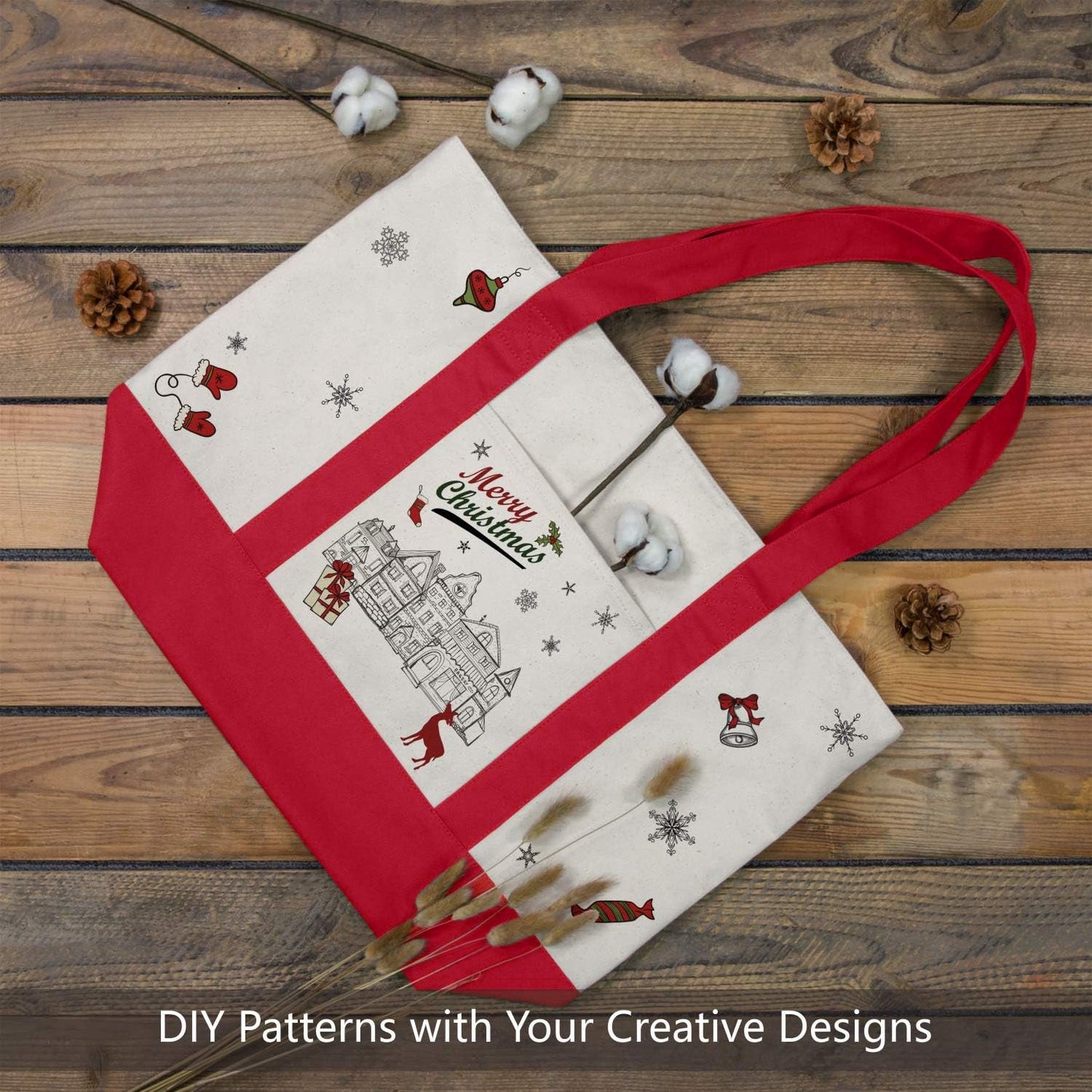 Red and Beige Large Canvas Tote Bag | 19" x 15" x 6"