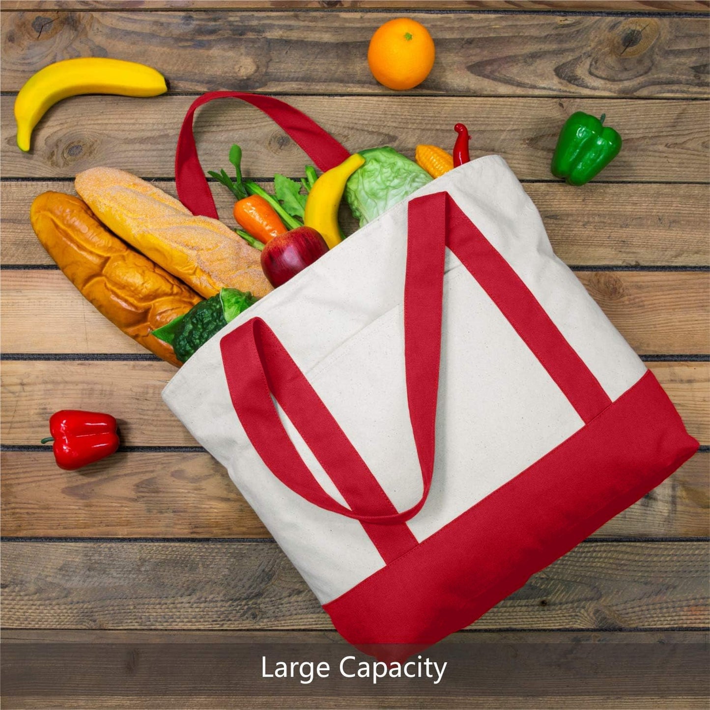 Red and Beige Large Canvas Tote Bag | 19" x 15" x 6"