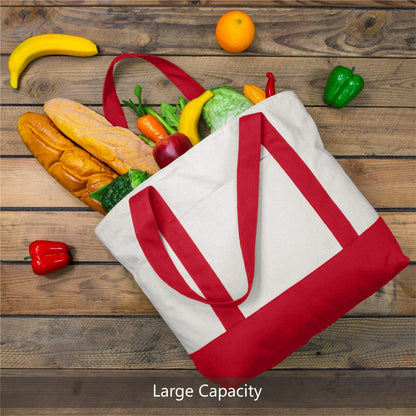 Red and Beige Large Canvas Tote Bag | 19" x 15" x 6"