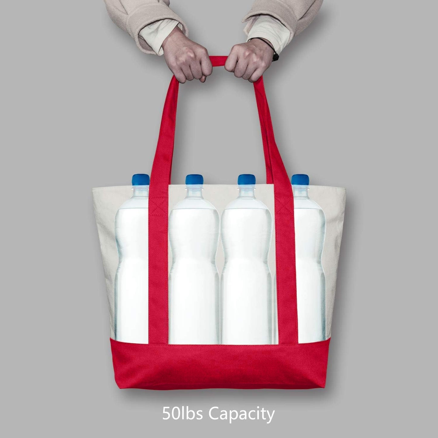 Red and Beige Large Canvas Tote Bag | 19" x 15" x 6"